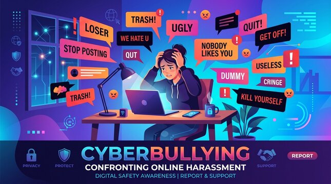 Cyberbullying Concept Poster with Woman Facing Online Harassment and Social Media Hate