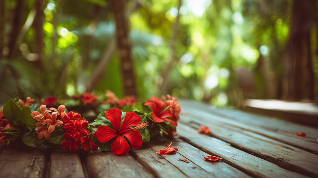 Tropical flower garland on wooden table, jungle blur behind, Indonesia vacation 