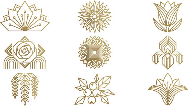 Luxury golden geometric floral logo icon set elegant art deco line flower lotus rose tulip ornament emblem vector illustration template.