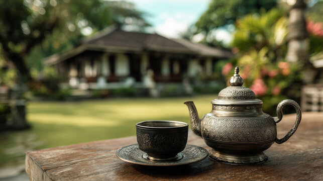 Traditional Javanese tea set detail, garden blur behind, Indonesia vacation 