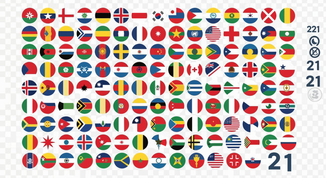 Collection of circular national flags with transparency and numbers