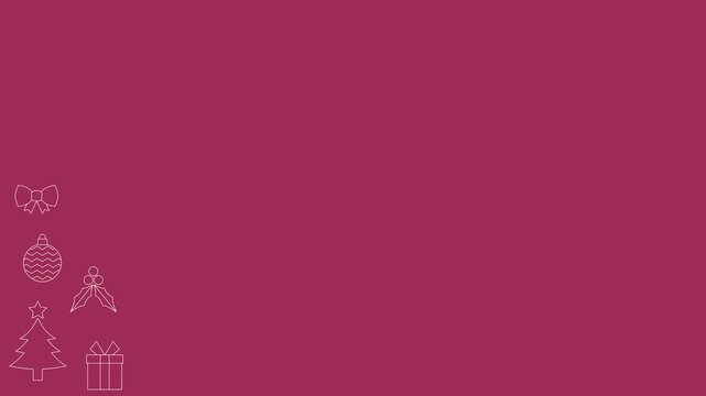 Seamless looping background animation of swaying Christmas elements like trees, gifts, baubles, ribbons, and holly berries in corner areas with wide maroon text copy space. Flat style banner design
