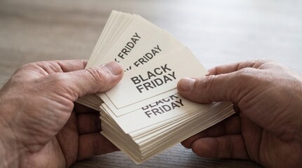 Fototapeta premium A hand holding a stack of cards with the text BLACK FRIDAY printed on them, suggesting a sale or promotion event