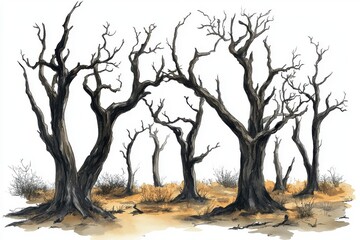 Fototapeta premium Hand Drawn Sketch of a Barren Forest with Dead Trees