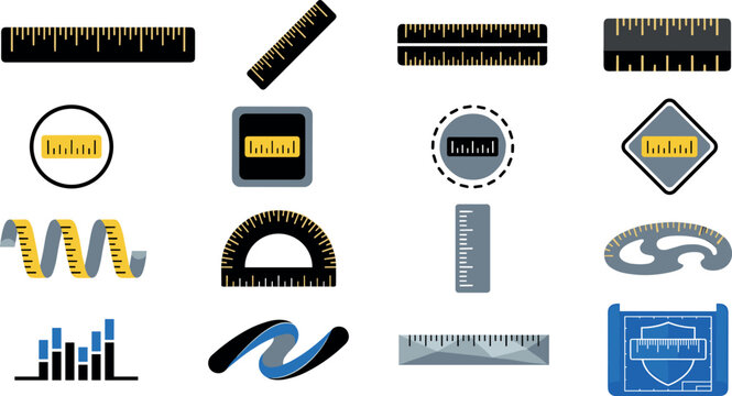 Measuring ruler icon set architecture drafting blueprints protractor geometry tape measure scale logo corporate engineering brand vector illustration template