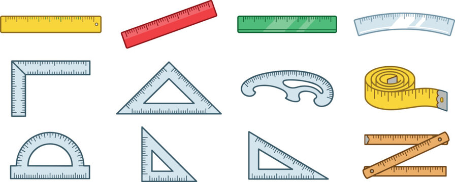 Measuring ruler line icon set school stationery back to school geometry tool protractor tape measure tri square vector illustration template