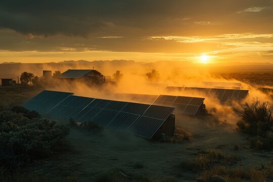 Dusty Solar Panel Farm Bathed in Evening Sunlight