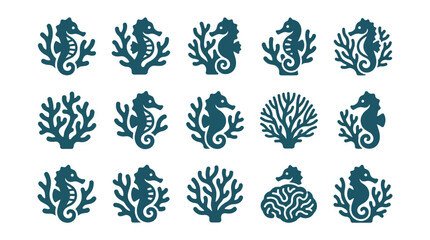 Fototapeta premium Blue seahorse and coral icons representing diverse reef ecosystems.