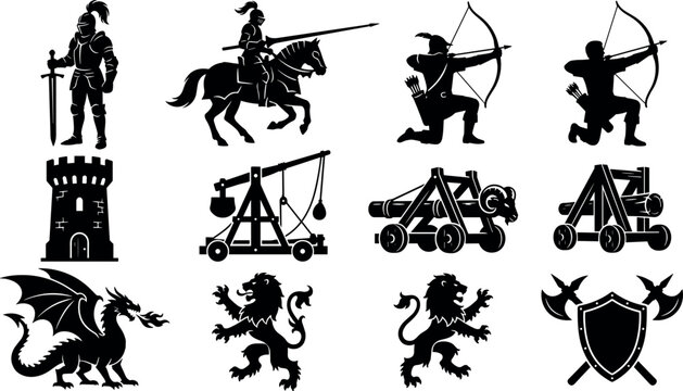Medieval Warfare and Fantasy Silhouette Icon Set with Knight Archer Dragon Trebuchet Catapult Battering Ram Castle Tower Shield and Heraldic Lion Vectors