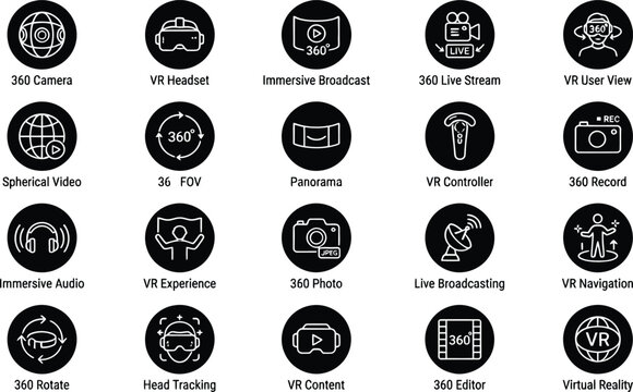 Vector line icon set of virtual reality vr headset 360 camera immersive broadcast user view  video  controller recording tracking content editor dashboard widgets UI design templates symbols