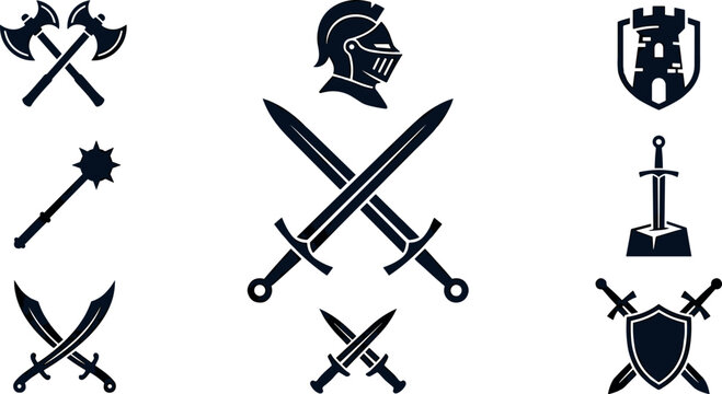 Medieval warrior weapons and armor solid glyph icon set featuring crossed swords knight helmet shield axes vector illustration