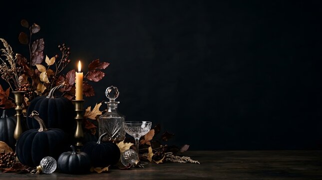 Dark moody still life composition featuring a burning candle and vintage objects on a rustic wooden table
