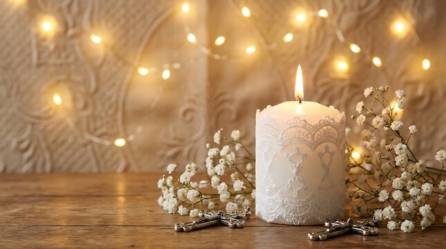 Close up of a lit white candle with floral accents and bokeh lights in the background