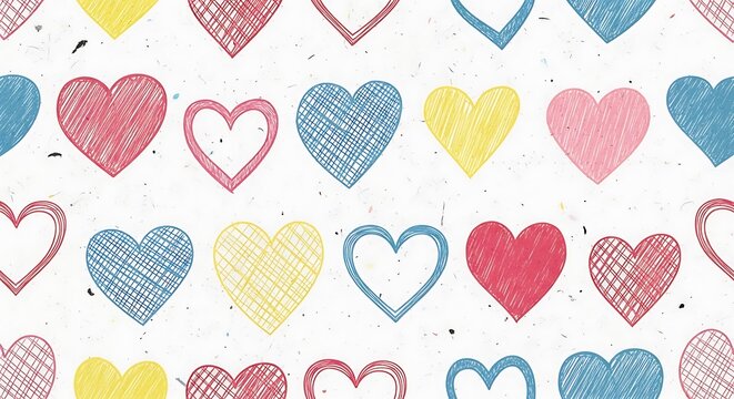 A vibrant and cheerful print of hand-drawn hearts in various colors and styles.