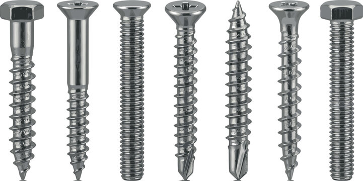 Metal screws and bolts hardware collection vector illustration featuring various industrial fasteners thread types and drive heads isolated