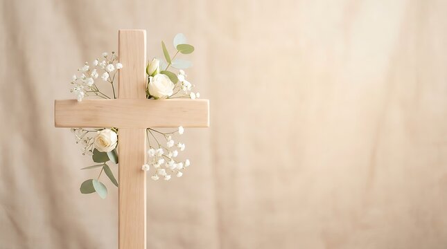 Elegantly adorned wooden cross with delicate white roses and green eucalyptus, symbolizing hope and remembrance against a soft, ethereal background