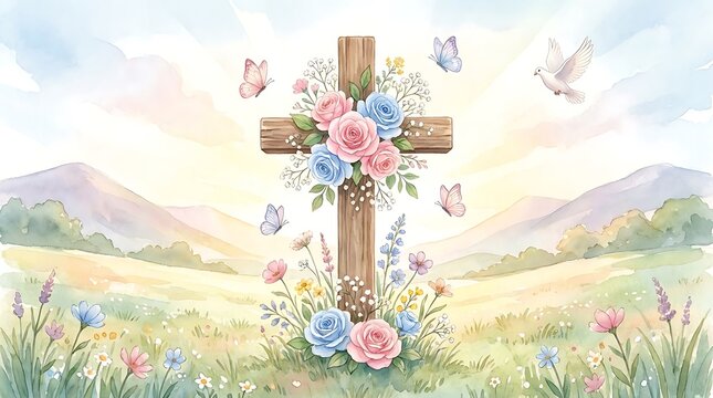 A serene watercolor illustration of a wooden cross adorned with delicate flowers and butterflies, set against a backdrop of rolling hills and a soft sky, symbolizing hope and new beginnings