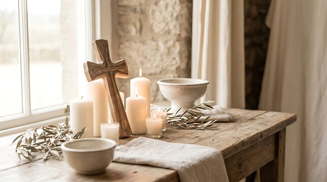 A serene and spiritual tableau featuring a handcrafted wooden cross and flickering candles, thoughtfully arranged on a rustic table by a sunlit window, evoking peace and religious contemplation