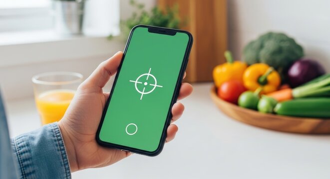A hand holding a black smartphone with a green screen featuring a target reticle in a kitchen with a bowl of fresh vegetables nearby