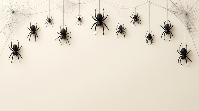 Top border frame made of black plastic spiders and white cobwebs on a light beige background