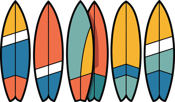 Six colorful surfboard shapes displayed in vertical rows for summer sports.