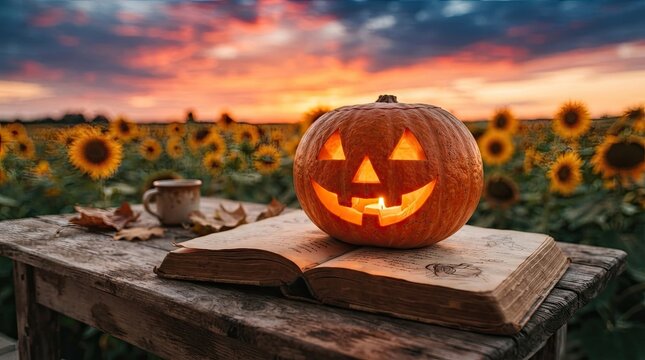 Glowing jack o lantern on open book with dramatic autumn sunset sky Halloween background spooky holiday scene for banner poster greeting card social media and web design