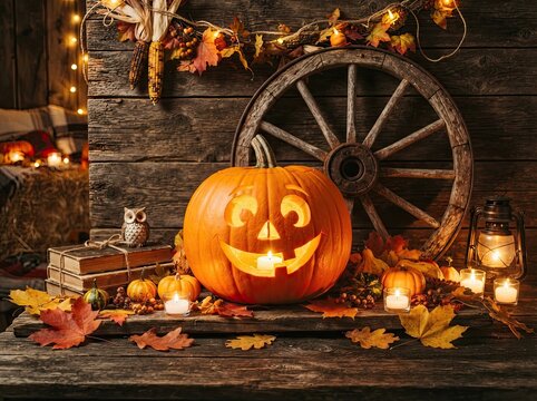 Glowing jack o lantern beside rustic wooden wagon wheel with autumn leaves cozy Halloween harvest background for banner poster greeting card social media and web design