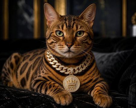 The Untouchable King of Luxury: A Majestic Bengal Cat Dripped in Gold, Wearing an Iced-Out Rapper Chain with Unmatched Confidence, Elite Style, and an Aura That Commands Attention."