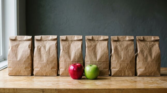 Six brown paper grocery bags lined up in a row on a wooden table with a single red apple and a single green apple placed in the center front