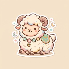 Naklejka premium Ram illustration features a cute fluffy animal decorated with floral garlands and celestial moon charms in a whimsical flat sticker design.