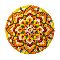 Fototapeta premium Floral pookalam rangoli design for onam festival with flowers green on transparent background