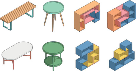 Modern isometric home furniture vector set featuring pastel colored coffee tables wooden bench and geometric modular bookshelves © Prodip