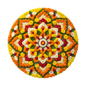 Floral pookalam rangoli design for onam festival with flowers green on transparent background