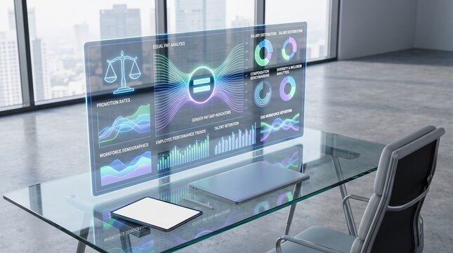 Ultra-realistic HR analytics dashboard illustrating Equal Pay Day, gender pay gap analysis, ESG reporting, workforce trends, and compensation equity in a modern office.