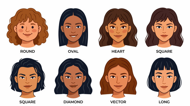 Set of various face shapes for women including round oval heart and square.