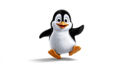 Fototapeta premium Happy Cartoon Penguin Dancing: A charming, anthropomorphic penguin with a cheerful expression and wide eyes dances joyfully, its wings outstretched in a display of pure delight.