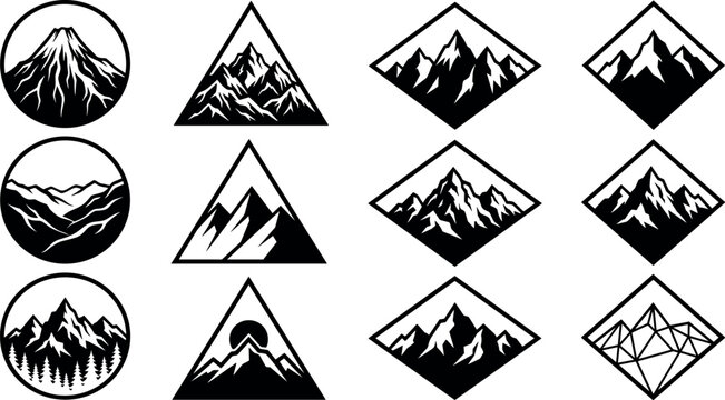 Mountain Peak Landscape Silhouette Vector Badge Set with Geometric Circle Triangle and Rhombus Frames for Outdoor Adventure Logo Designs