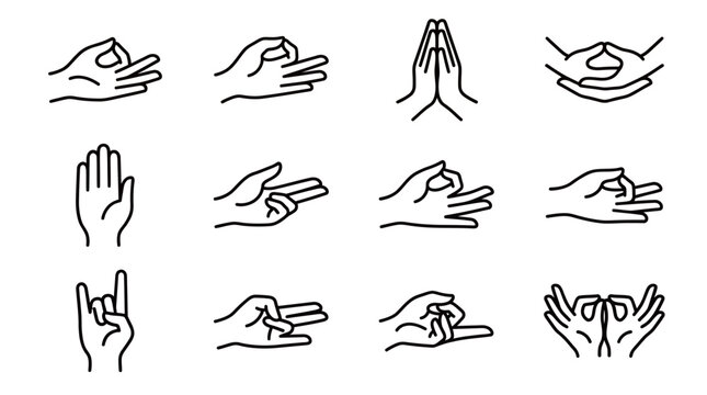 Set of yoga mudra hand gesture line icons.