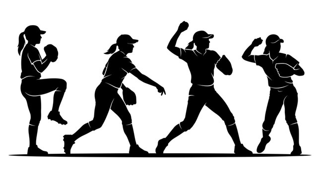 Silhouette collection of female softball players in action.