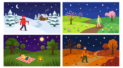 Fototapeta premium Set of seasonal night landscapes featuring people enjoying outdoor activities in different seasons.