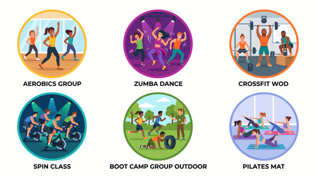 Set of round fitness class icons showing diverse group workout activities.