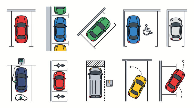 Top view set of parking lot symbols and car icons.