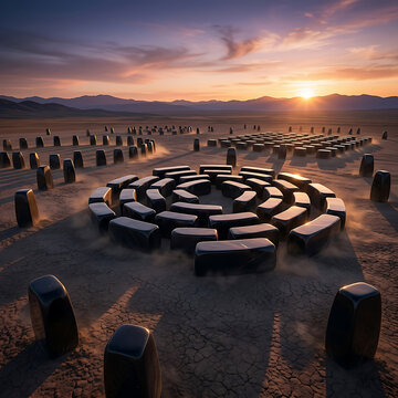 Ancient megalithic stone circle structure in arid desert landscape at sunset with dramatic sky and mountains in distance, mystical monument.