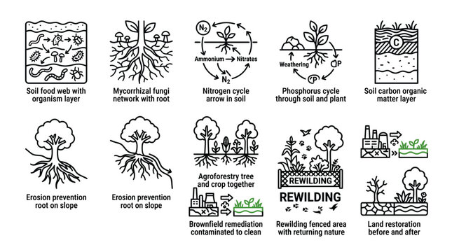 Set of Soil Health and Environmental Restoration Line Icons.
