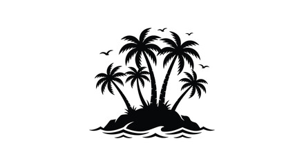 Tropical island with palm trees and birds in a black silhouette coconut palms seabirds ocean sea waves water © Vector shop