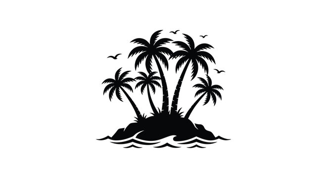 Tropical island with palm trees and birds in a black silhouette coconut palms seabirds ocean sea waves water