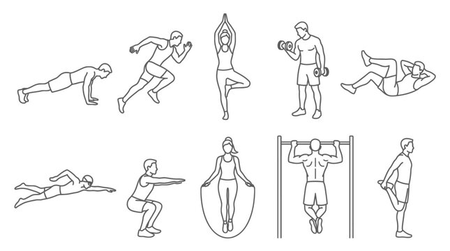 Set of ten people exercising doing various sports and fitness activities.