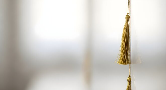 Elegant hanging golden silk tassel detail for luxurious interior home decor and minimalist textile ornament aesthetic