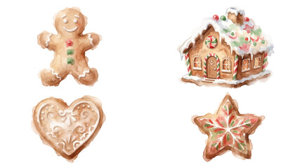Fototapeta premium Watercolor collection of festive Christmas gingerbread cookies and a gingerbread house.