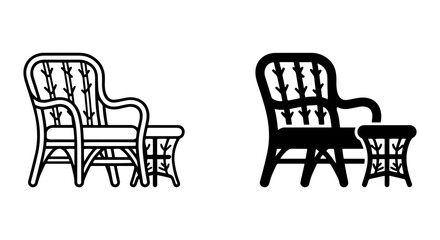 Fototapeta premium Wicker Armchair and Ottoman Icons, Retro Furniture Vector Set, Vintage Patio Seating Graphics